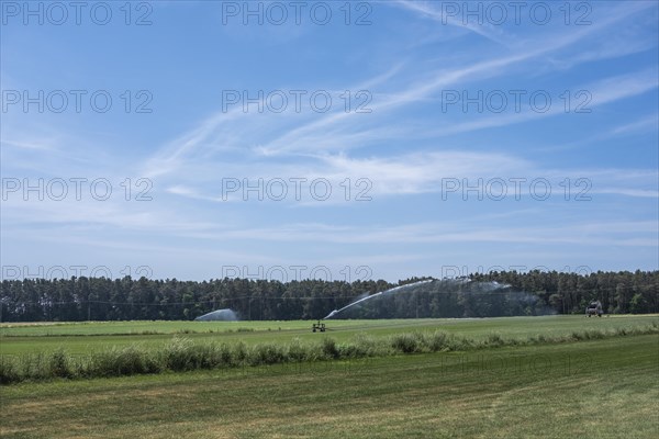 Sprinklers for agricultural irrigation in the Donaumoos in Upper Bavaria