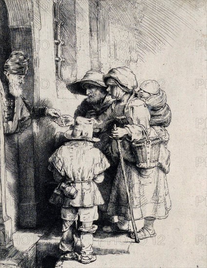 Beggars receiving alms at the door of a house