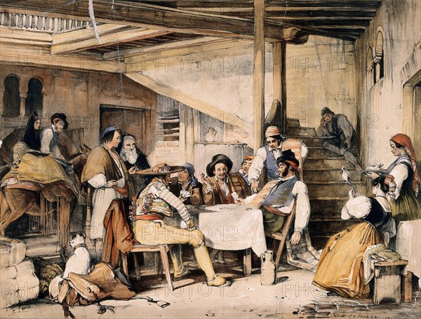The interior of a posada with men smoking and playing cards while others and a mule rest nearby