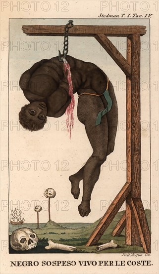 A black slave hangs by his upper body from a hook attached to a gallows