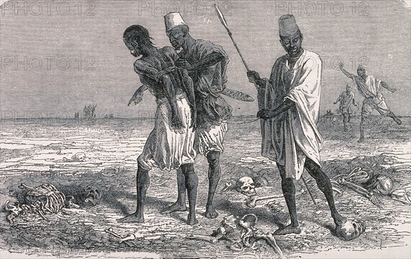 A prisoner being led to his execution through a field littered with skulls and skeletons