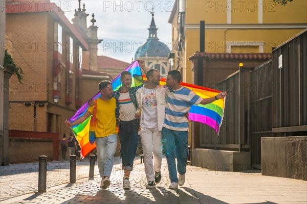 Lifestyle of homosexual friends hugging at gay pride party in the city