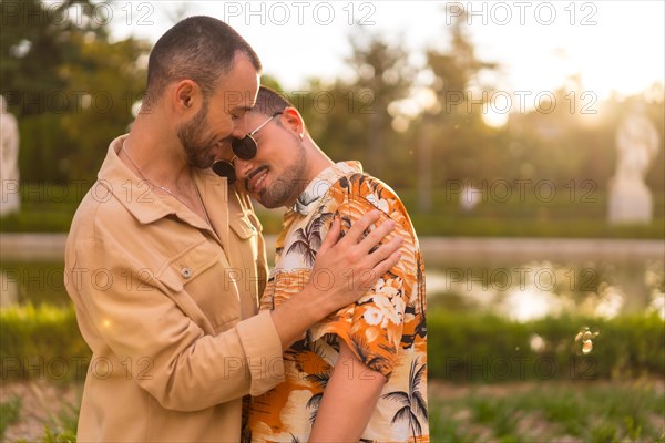 Homosexual couple embracing smiling at sunset in a park in the city