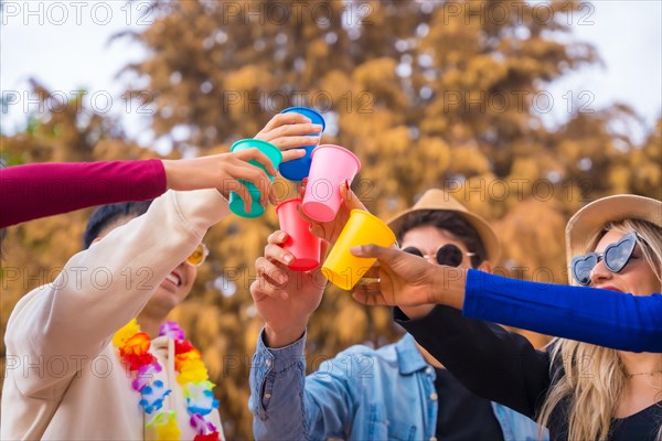 Group of multi ethnic friends at a birthday party in a park