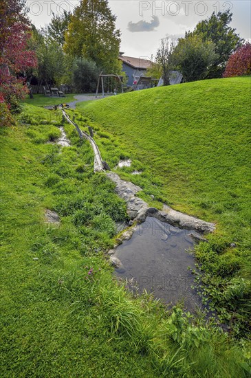 Spring with wooden water pipe in green meadow