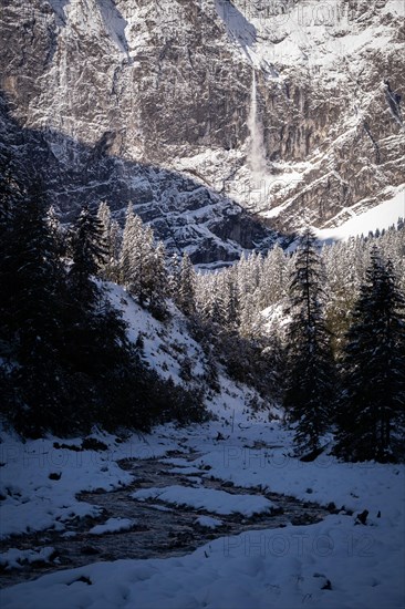 Spindrift or small avalanche in September in the rock faces of the Karwendel Mountains