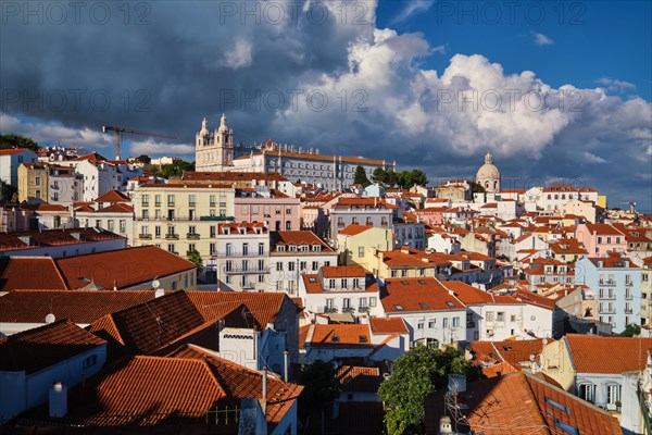 View of Lisbon famous postcard iconic view from Miradouro de Santa Luzia tourist viewpoint over Alfama old city district