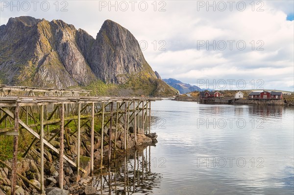 Drying racks for fish and traditional red rorbuer huts in the fishing village of Reine