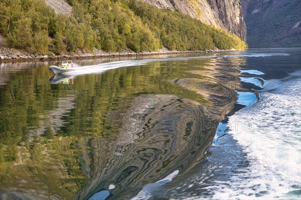 Motorboat in the Geirangerfjord near Geiranger