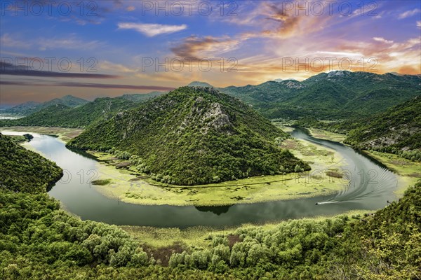 River bend of the Rijeka Crnojevica river at sunset