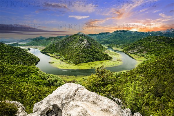 River bend of the Rijeka Crnojevica river at sunset