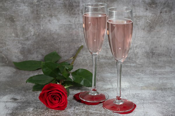 Two glasses of champagne and a rose on a white background and copy space valentine's day symbol