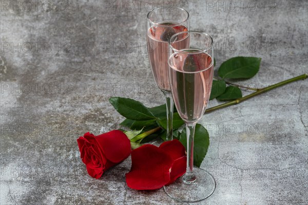 Two glasses of champagne and a rose on a white background and copy space valentine's day symbol