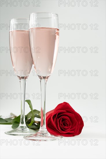 Two glasses of champagne and a rose on a white background and copy space valentine's day symbol