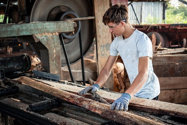 Young man working in a wood yard