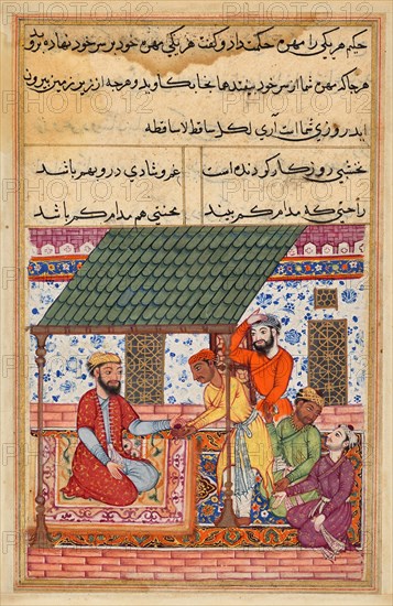 The four penniless friends go to a wise man who gives them each a magic shell to put on their turbans