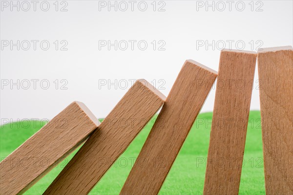 Wooden dominos on green grass