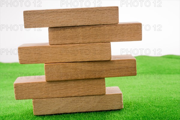 Wooden dominos on green grass