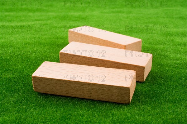 Wooden dominos on green grass