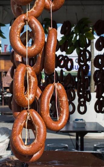 Traditional Turkish style dried sausages in view