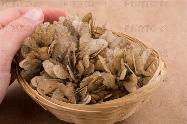 Dry leaves in a basket on a brown background