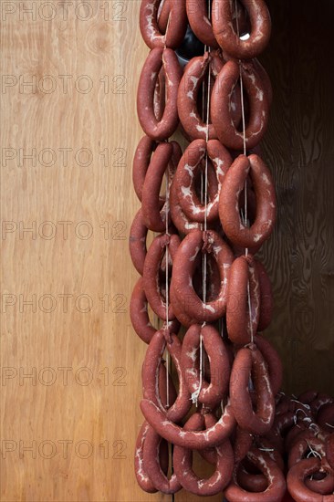 Traditional Turkish style dried sausages in view