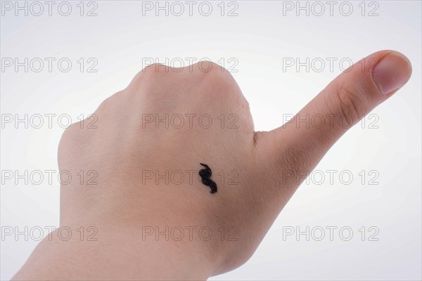 Moustache design on a hand in a white background