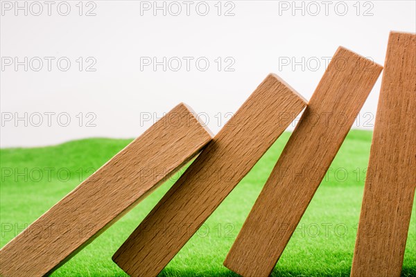 Wooden dominos on green grass