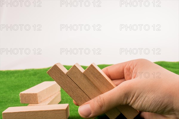 Wooden dominos on green grass