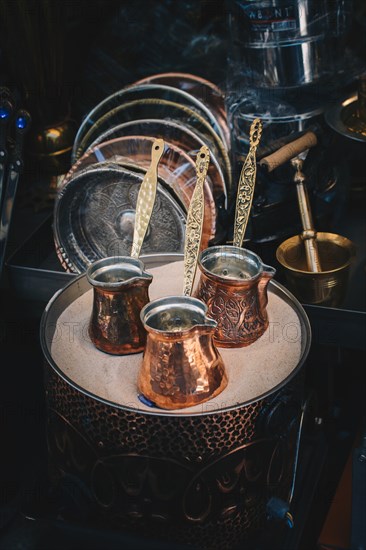 Turkish coffee pots made of metal in a traditional style