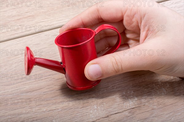 Little red color watering can in hand