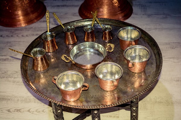 Turkish coffee pots made of metal in a traditional style