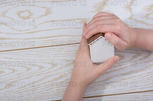 Little model housein hand on a parquet background