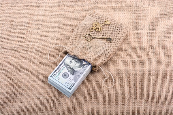 Retro key and bundle of US dollar in a sack on a canvas