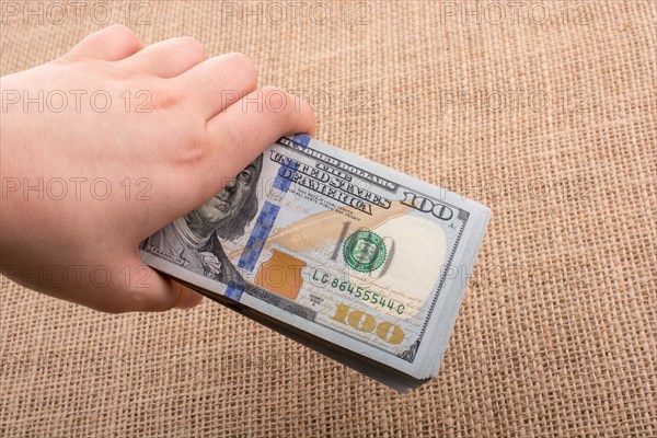 Hand holding banknote bundle of US dollar on a linen canvas background