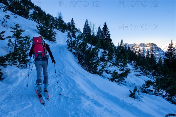 Ski touring with rising sun and blue sky at the border mountain Schafreuter in Karwendel