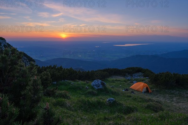 Camping on a mountain meadow in the evening light