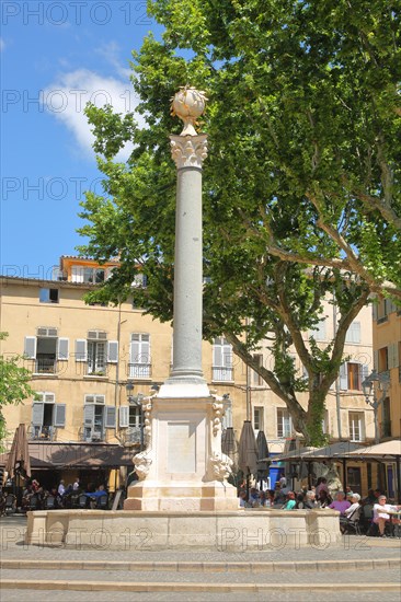 Ornamental fountain built in 1755 with Roman column at Place de l'Hôtel de Ville