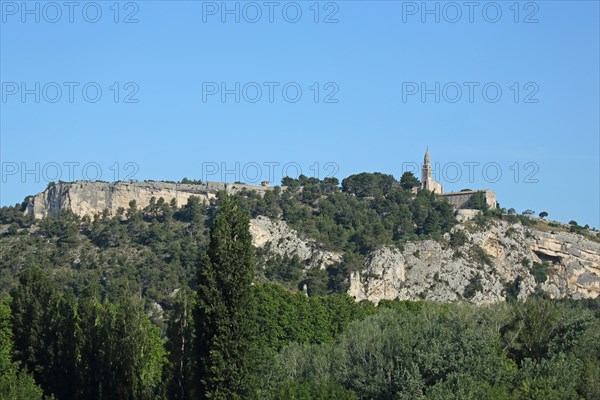 View rocks and mountains with church Notre-Dame de Beauregard