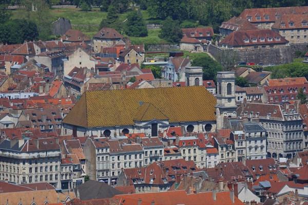 View of roofs and striking roof of Ste-Madeleine Cathedral