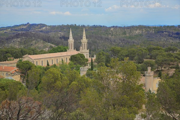 View of Romanesque monastery Saint-Michel-de-Frigolet with Saint-Dame-du-Bon-Remède church in the Alpilles