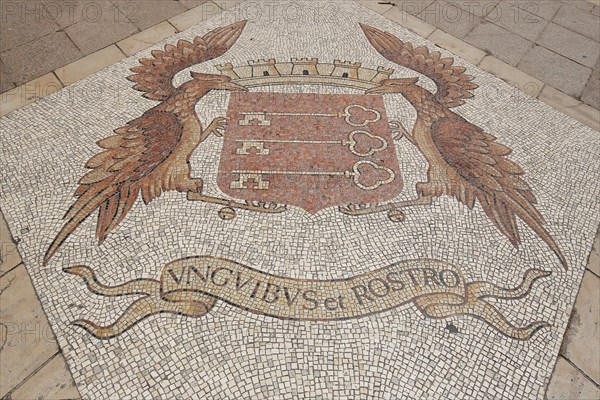 City coat of arms with two bird figures and Latin inscription