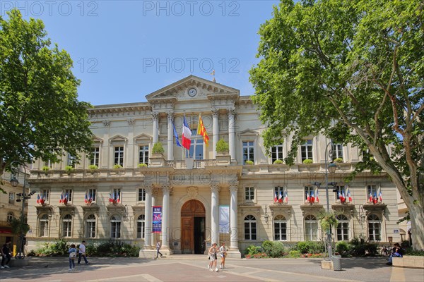 Hôtel de Ville with French national flag and floor mosaic