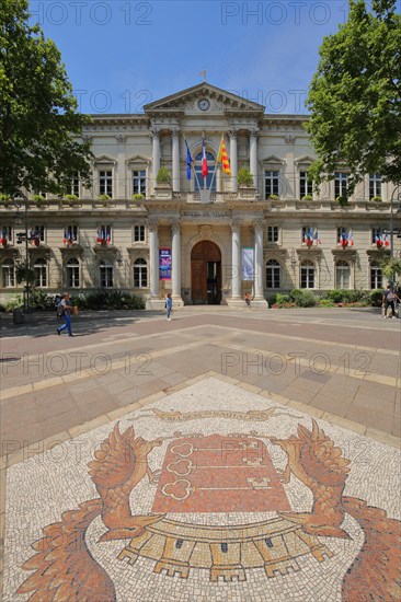 Hôtel de Ville with French national flag and city coat of arms as floor mosaic