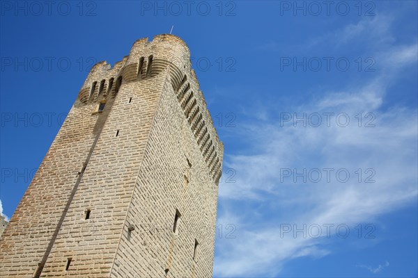View up to the tower of the Romanesque monastery Abbaye de Montmajour