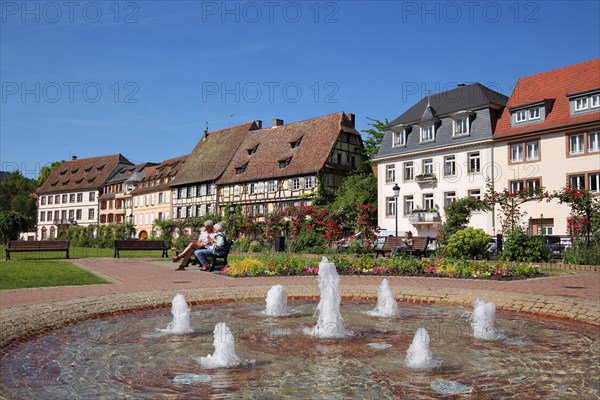 View of half-timbered houses on Quai Anselmann with fountain and people on the park bench