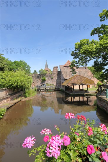 Bridge with floral decoration over the Lauter with view of Lavoir