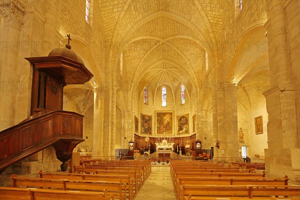 Interior view with pulpit of the Romanesque St Ägidius Abbey Church