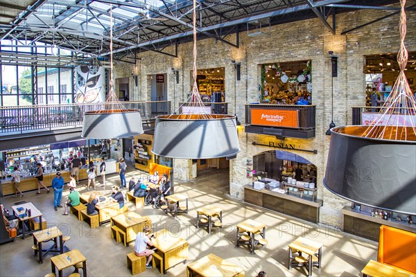 View from the upper floor into one of the halls with restaurants