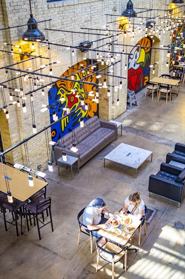 View from the upper floor into one of the halls with restaurants